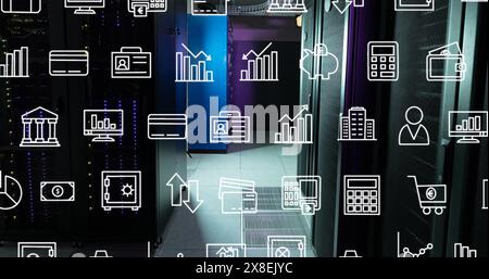 Image of interface with digital icons against computer server room Stock Photo