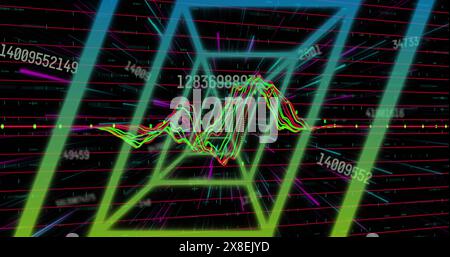 Image of neon tunnel in seamless pattern against changing numbers and data processing Stock Photo