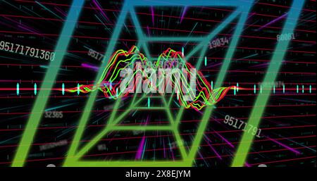 Image of neon tunnel in seamless pattern against changing numbers and data processing Stock Photo