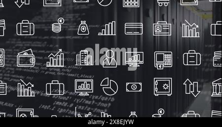 Image of interface with digital icons and data processing against computer server room Stock Photo