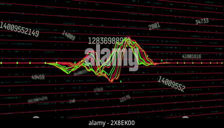 Image of circular neon shapes in seamless pattern against changing numbers and data processing Stock Photo