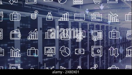 Image of interface with digital icons and mosaic squares against computer server room Stock Photo