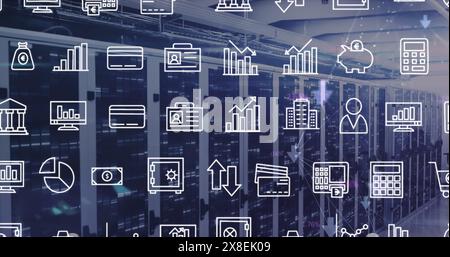 Image of interface with digital icons and mosaic squares against computer server room Stock Photo