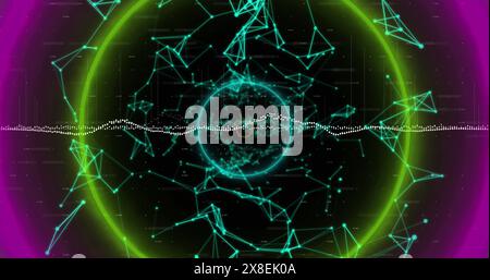 Image of circular neon shapes in seamless pattern against network of connections Stock Photo