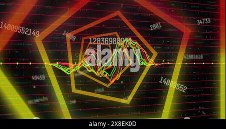 Image of hexagonal neon tunnel in seamless pattern against changing numbers and data processing Stock Photo