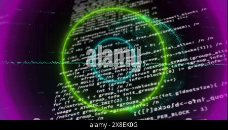 Image of circular neon shapes in seamless pattern against data processing and globe Stock Photo