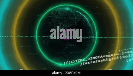Image of circular neon shapes in seamless pattern against data processing and globe Stock Photo