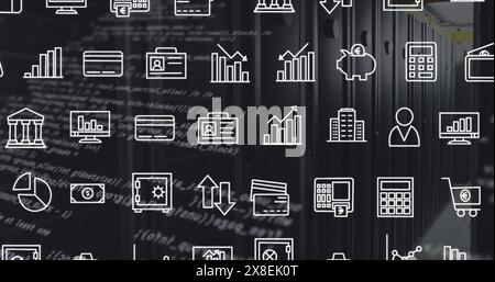 Image of interface with digital icons and data processing against computer server room Stock Photo