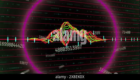 Image of circular neon shapes in seamless pattern against changing numbers and data processing Stock Photo