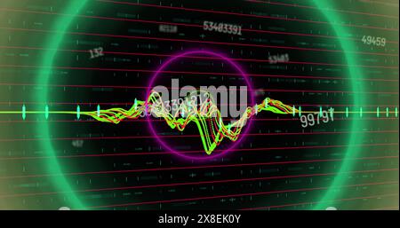 Image of circular neon shapes in seamless pattern against changing numbers and data processing Stock Photo