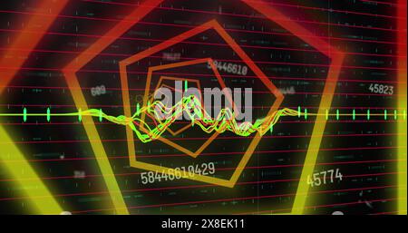 Image of hexagonal neon tunnel in seamless pattern against changing numbers and data processing Stock Photo