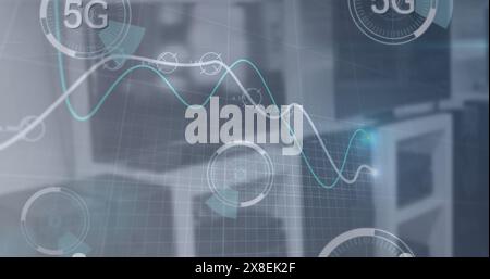 Image of 5g texts in loading circles, graphs over unoccupied chair Stock Photo