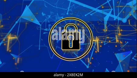 Image of padlock, navigation pattern and connected dots forming shape over blue background Stock Photo