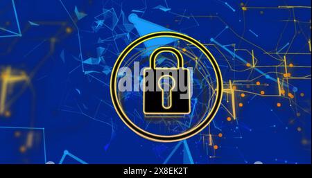 Image of padlock, navigation pattern and connected dots forming shape over blue background Stock Photo