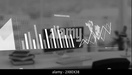 Image of graphs, loading bars, map over unoccupied chair, book and computer on desk Stock Photo