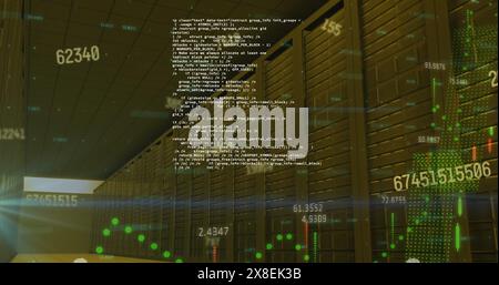 Image of changing numbers, graphs, computer language over data server room Stock Photo