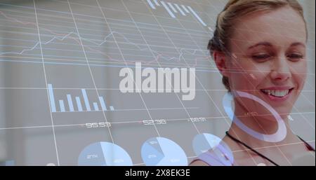 Image of graphs, loading circles, changing numbers, diverse people doing exercise in gym Stock Photo