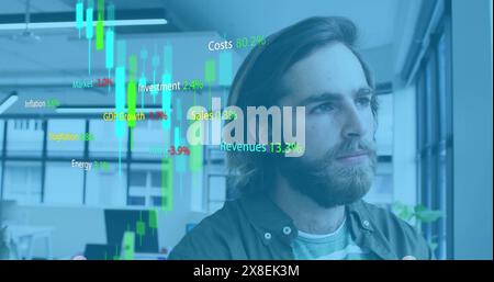 Image of stock market data processing against thoughtful caucasian man at office Stock Photo
