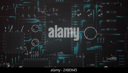 Image of changing symbols over circuit board in seamless pattern against grey background Stock Photo