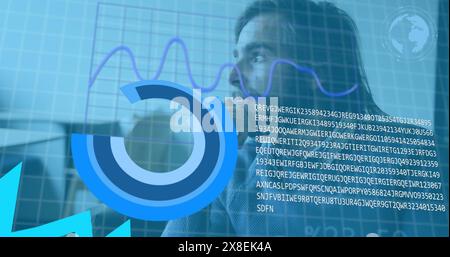 Image of statistical data processing against thoughtful caucasian man at office Stock Photo
