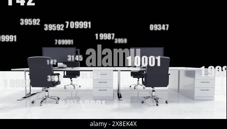 Image of changing numbers floating over 3d office model against black background Stock Photo