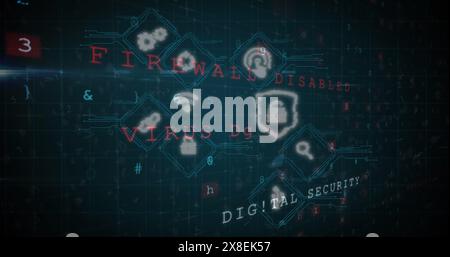 Image of mutiple digital icons and cyber security data processing against black background Stock Photo