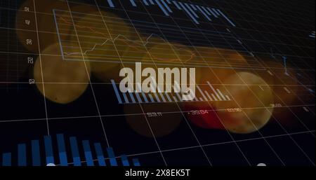Image of multiple graphs, changing numbers, loading circles over moving blurred vehicles Stock Photo