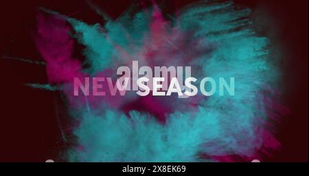 Image of new season text banner over pink and blue powder explosion against black background Stock Photo