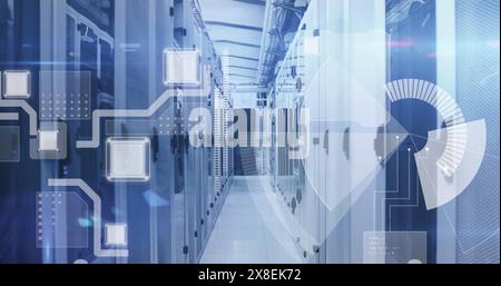 A futuristic data center with rows of servers and digital interface graphics overlay Stock Photo