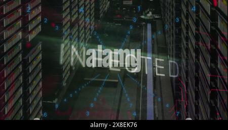 Image of infected text and data processing over computer servers Stock Photo
