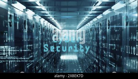 Rows of servers with digital text Cyber Security overlaying image Stock Photo