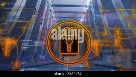 Image of padlock icon and data processing over computer servers Stock Photo