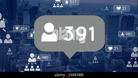 Image of social media data processing with numbers over cityscape Stock Photo