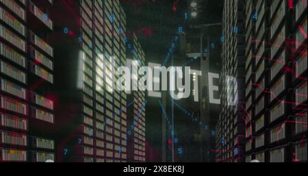 Image of infected text and data processing over computer servers Stock Photo