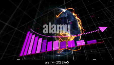 Image of arrow on falling graph and lines on rotating globe against space Stock Photo