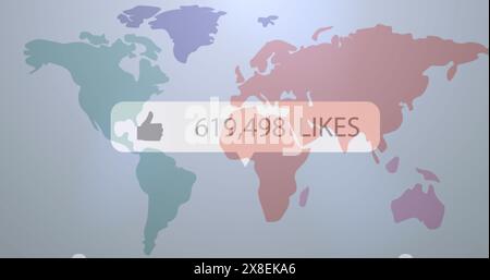 Image of thumbs up icons, changing numbers, likes text in notification bar over multicolored map Stock Photo
