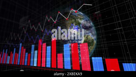 Image of multiple graphs over rotating globe against black background Stock Photo