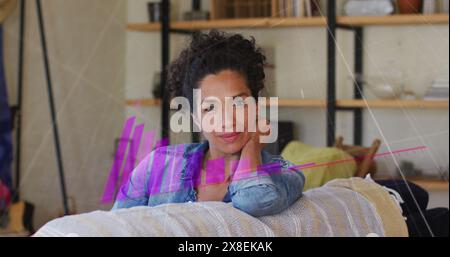 Image of data processing over caucasian woman at home Stock Photo