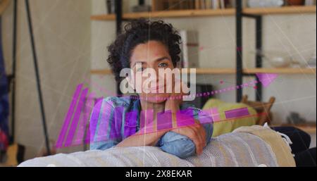 Image of data processing over caucasian woman at home Stock Photo