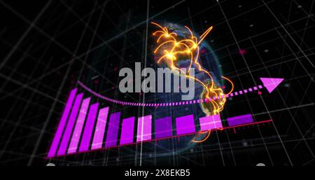 Image of arrow on falling graph and lines on rotating globe against space Stock Photo