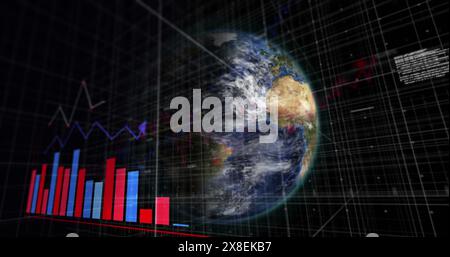 Image of multiple graphs and computer language over rotating globe against black background Stock Photo