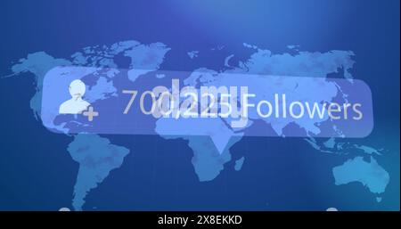 Image of icon, changing numbers, followers text over map against abstract background Stock Photo