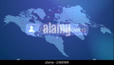 Image of icon, changing numbers, follower text in notification bar over map Stock Photo