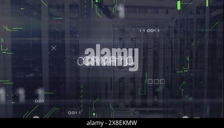 Image of binary codes and crypto text with circuit board pattern over data server systems Stock Photo
