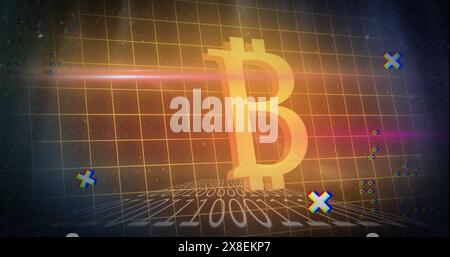 Image of grid pattern, binary codes and bitcoin illuminated symbol over black background Stock Photo