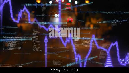 Image of soundwaves, graphs, codes and arrow up signs over cars moving on illuminated street Stock Photo