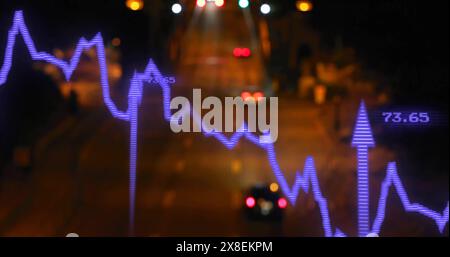 Image of soundwaves, graphs, codes and arrow up signs over cars moving on illuminated street Stock Photo