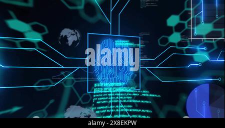 Image of biometric with computer language, hexagons, globe and graphs Stock Photo