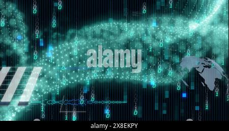 Image of binary codes moving in wave patterns over globes and graphs Stock Photo