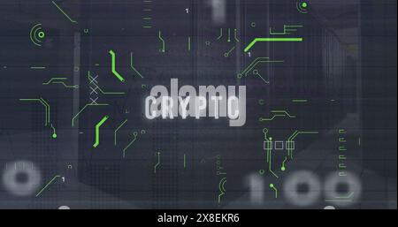 Image of crypto text and binary codes with circuit board pattern over data serve room Stock Photo